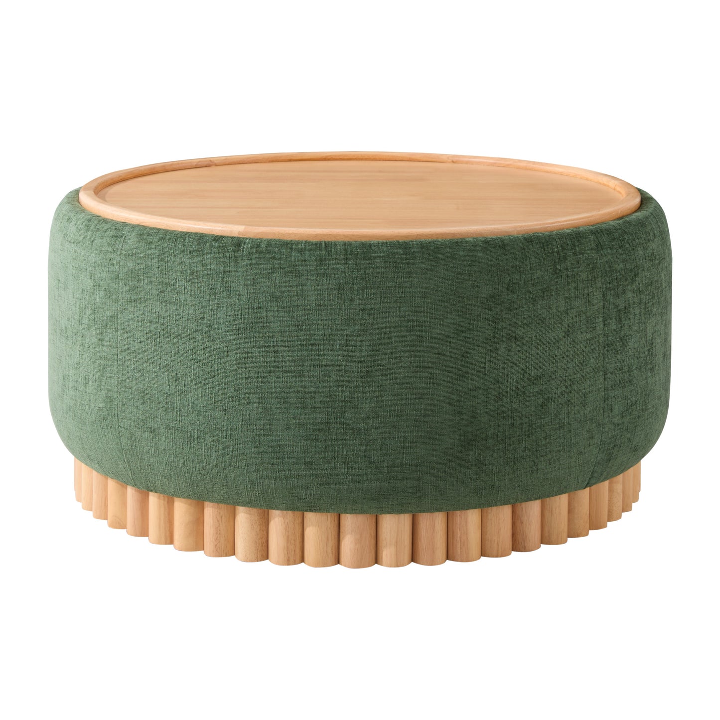 variant-group:rf-n723p405304g|Roomfitters 29 Inch Round Storage Ottoman with Reversible Wooden Tray Top, Upholstered Coffee Table for Living Room, Green