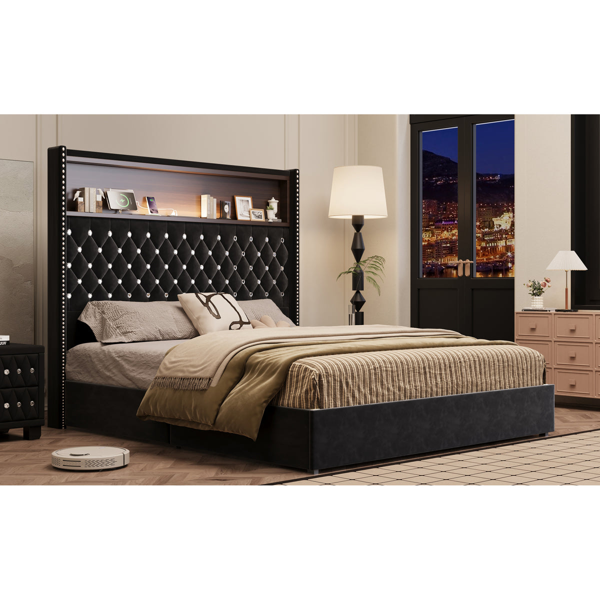 variant-group:rf-n733p367135b|Roomfitters Queen Velvet Tufted Platform Bed with Charging Ports, Tall Wingback Headboard with Rivet Trim and Shelf, Black