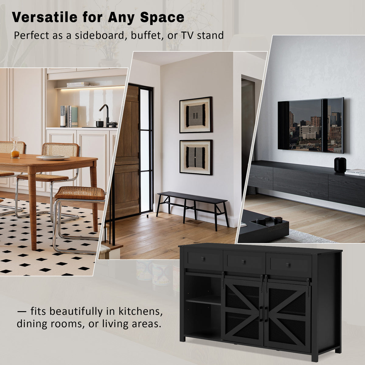 variant-group:rf-n711p347384b|Roomfitters 55" Sideboard Buffet Cabinet with 3 Drawers and Sliding Barn Doors, Farmhouse Storage for Kitchen & Dining, Black