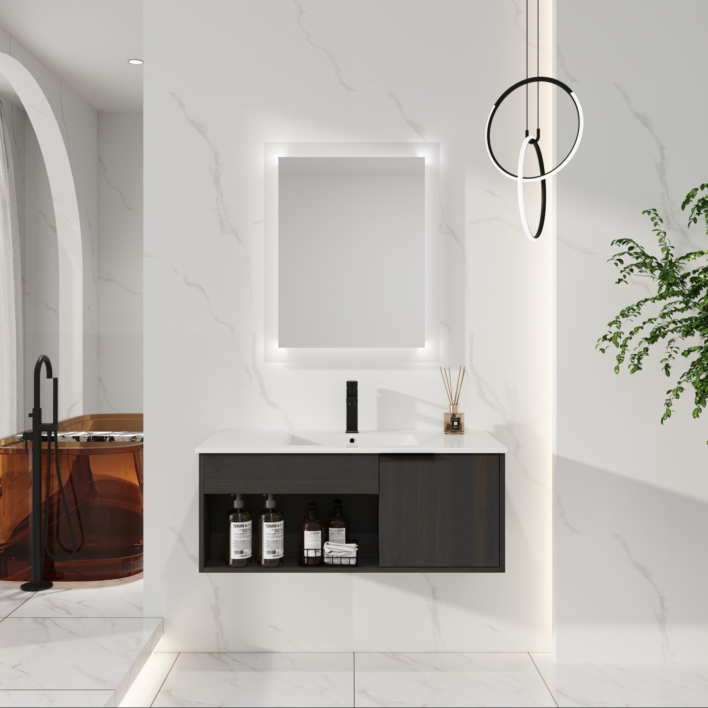36" Wall-Mounted Floating Bathroom Vanity with Ceramic Sink ¡V Modern Dark Oak  Cabinet with Open Shelf & Soft-Close Door, Spacious Storage (Faucet & Drain Not Included)