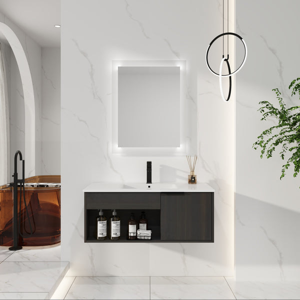 36" Wall-Mounted Floating Bathroom Vanity with Ceramic Sink ¡V Modern Dark Oak  Cabinet with Open Shelf & Soft-Close Door, Spacious Storage (Faucet & Drain Not Included)