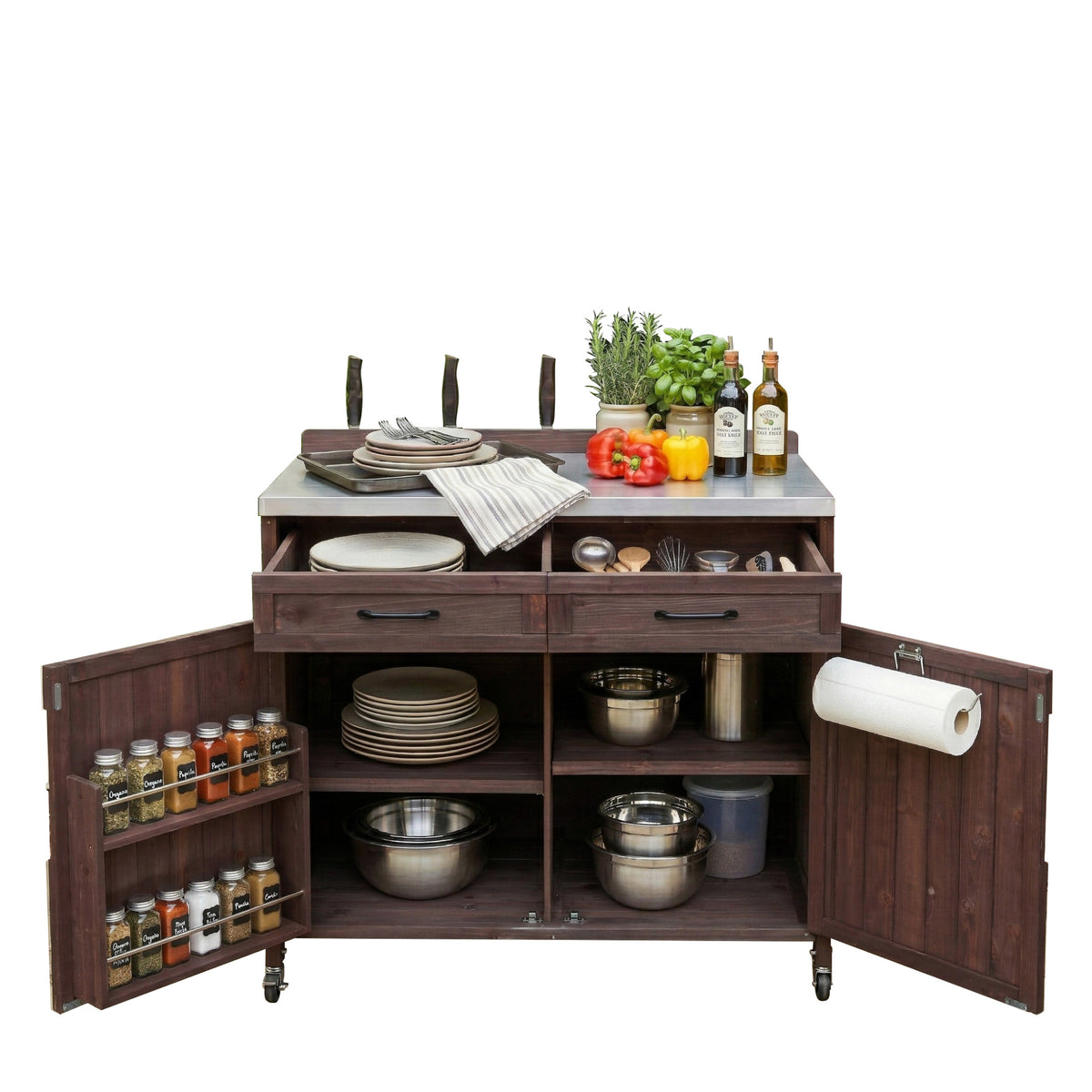 variant-group:rf-n707p370273z|Roomfitters 39.4" Grill Cart, Outdoor Kitchen Island with Stainless Steel Top, BBQ Prep Station with Storage Cabinet, Brown