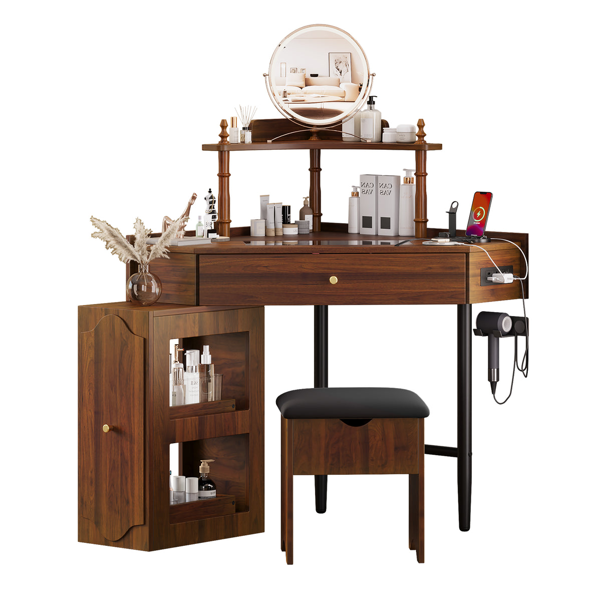 variant-group:rf-n733p336237d|Roomfitters Corner Vanity Desk Set with Stool, Charging Station, Glass Top, Drawer, Shelf, Pull-Out Cabinet, Walnut