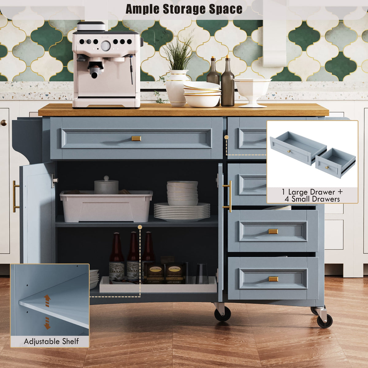 Roomfitters 52" Kitchen Island with Wood Top, 5 Storage Drawers and Cabinet, Mobile Cart with Gold Hardware, Blue-Grey
