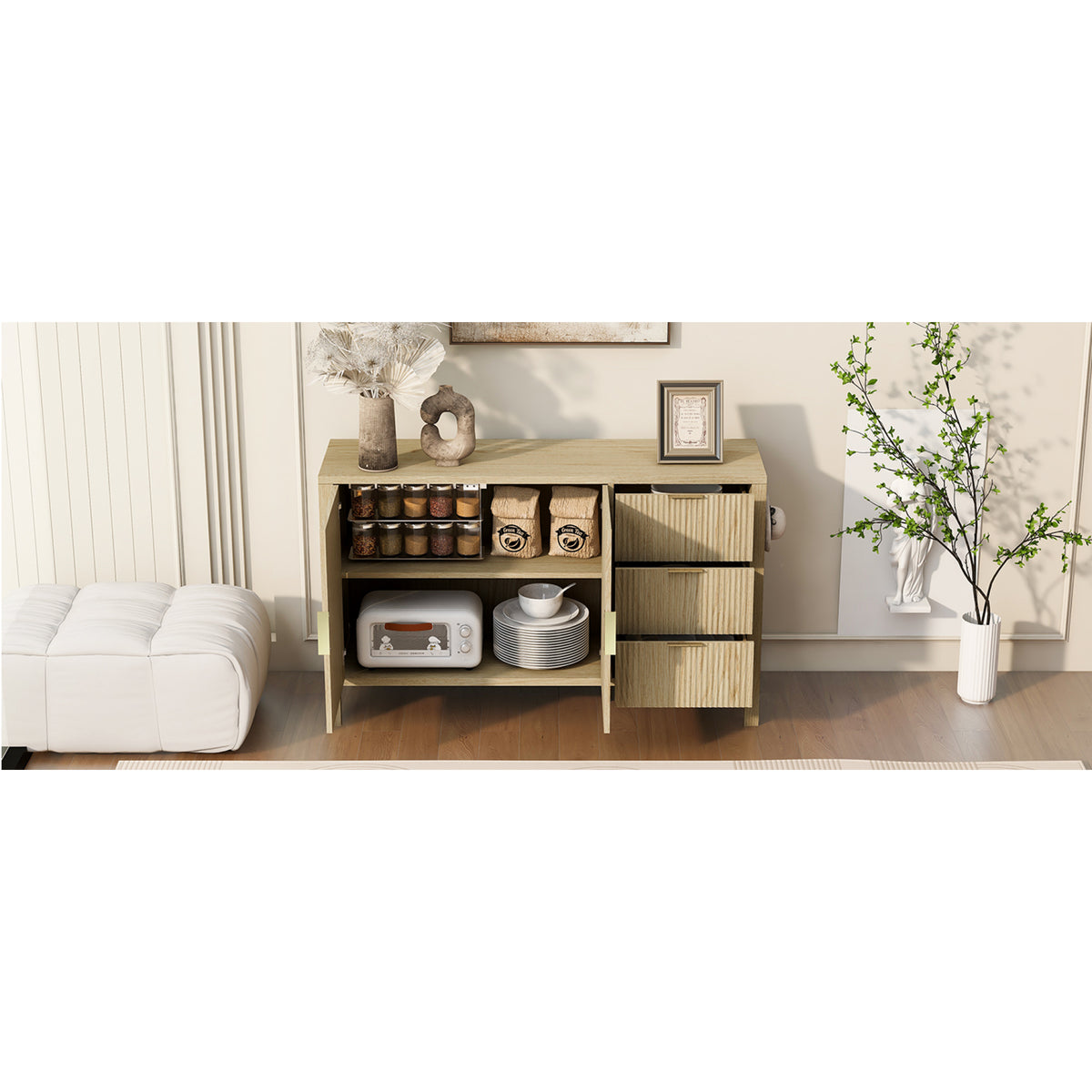 variant-group:rf-n711p345172o|Roomfitters Sideboard Buffet Cabinet with 3 Drawers, 2 Door Mid-century Fluted Accent Storage for Kitchen & Dining, Natural