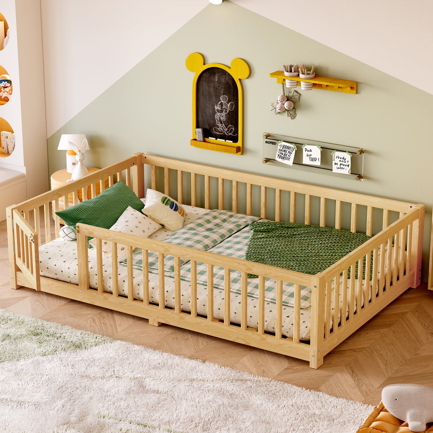 variant-group:rf-w1580p338952|Roomfitters Wooden Full Floor Bed Frame with Door & Safety Guardrails, Low Platform Design for Bedroom or Playroom, Natural