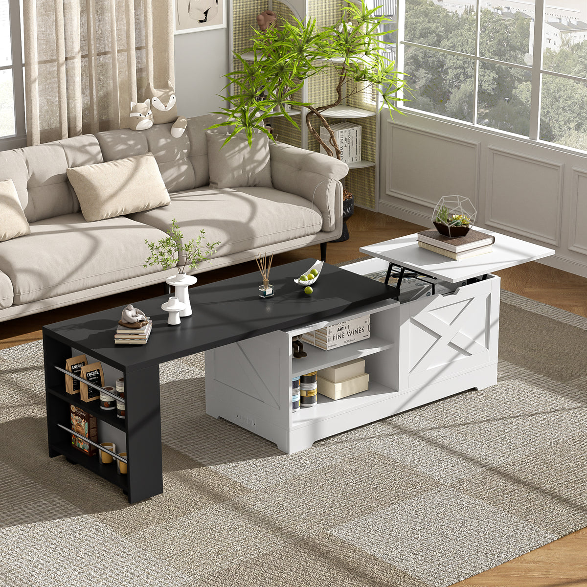 variant-group:rf-n724p351732k|Roomfitters Farmhouse Lift Top Coffee Table with Barn Doors and Outlets, White & Black