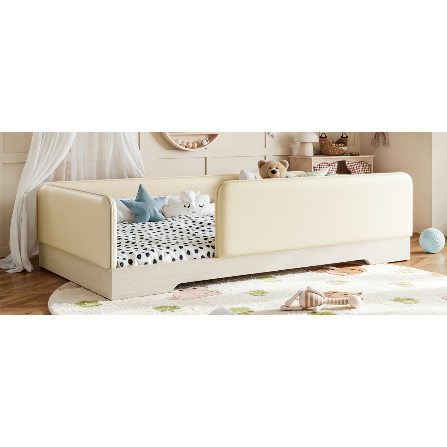 variant-group:rf-w1580p493129|Roomfitters Twin Size Upholstered Floor Bed Frame with Removable Guardrails, Faux Leather Low Profile Platform, Beige