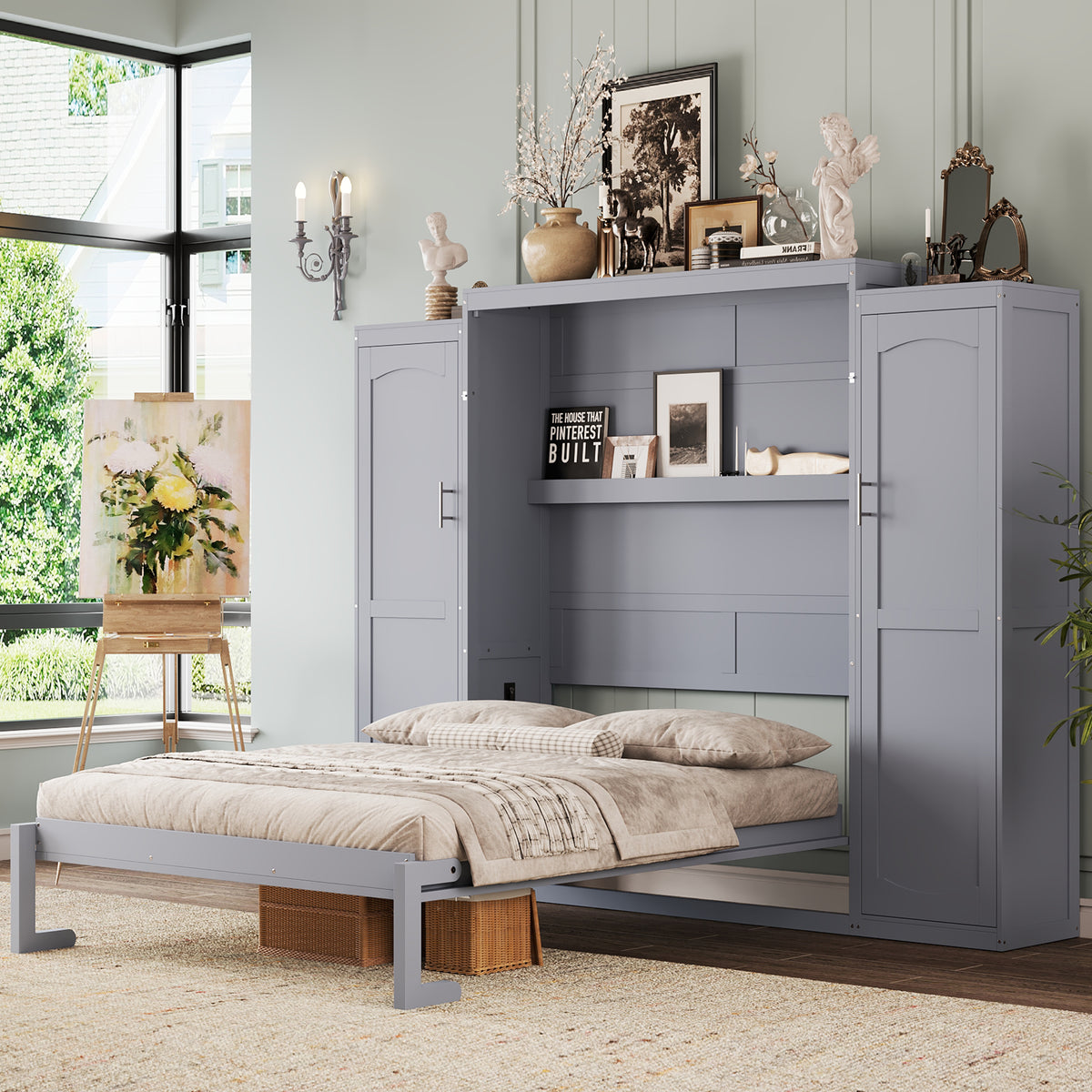 variant-group:rf-n733s235596e|Roomfitters Full Murphy Wall Bed with Two Wardrobes and Storage Shelf, Foldable Platform Bed Frame for Guest Room, Gray