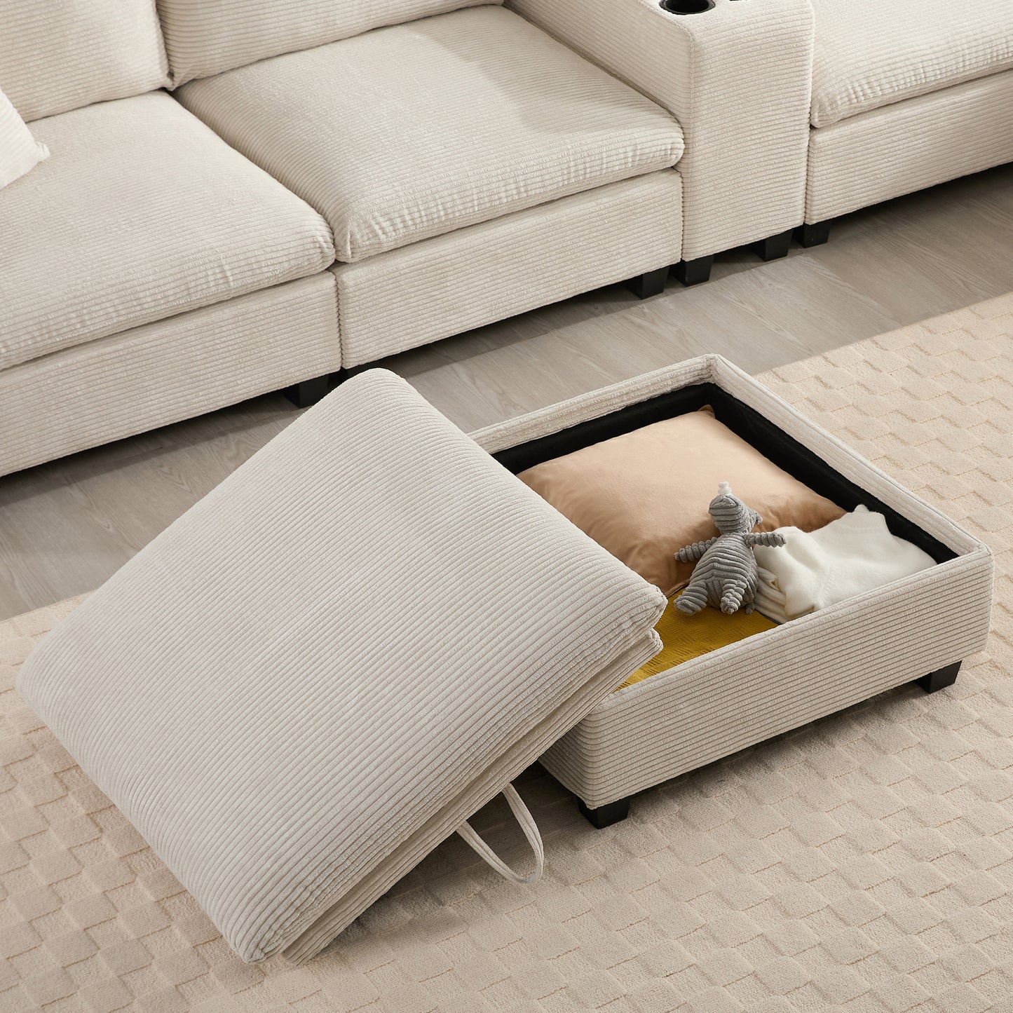 variant-group:rf-n723s1166a|Roomfitters 139 Inch U-Shaped Modular Sectional Sofa with Storage Console, Cup Holders and USB Ports for Living Room, Beige