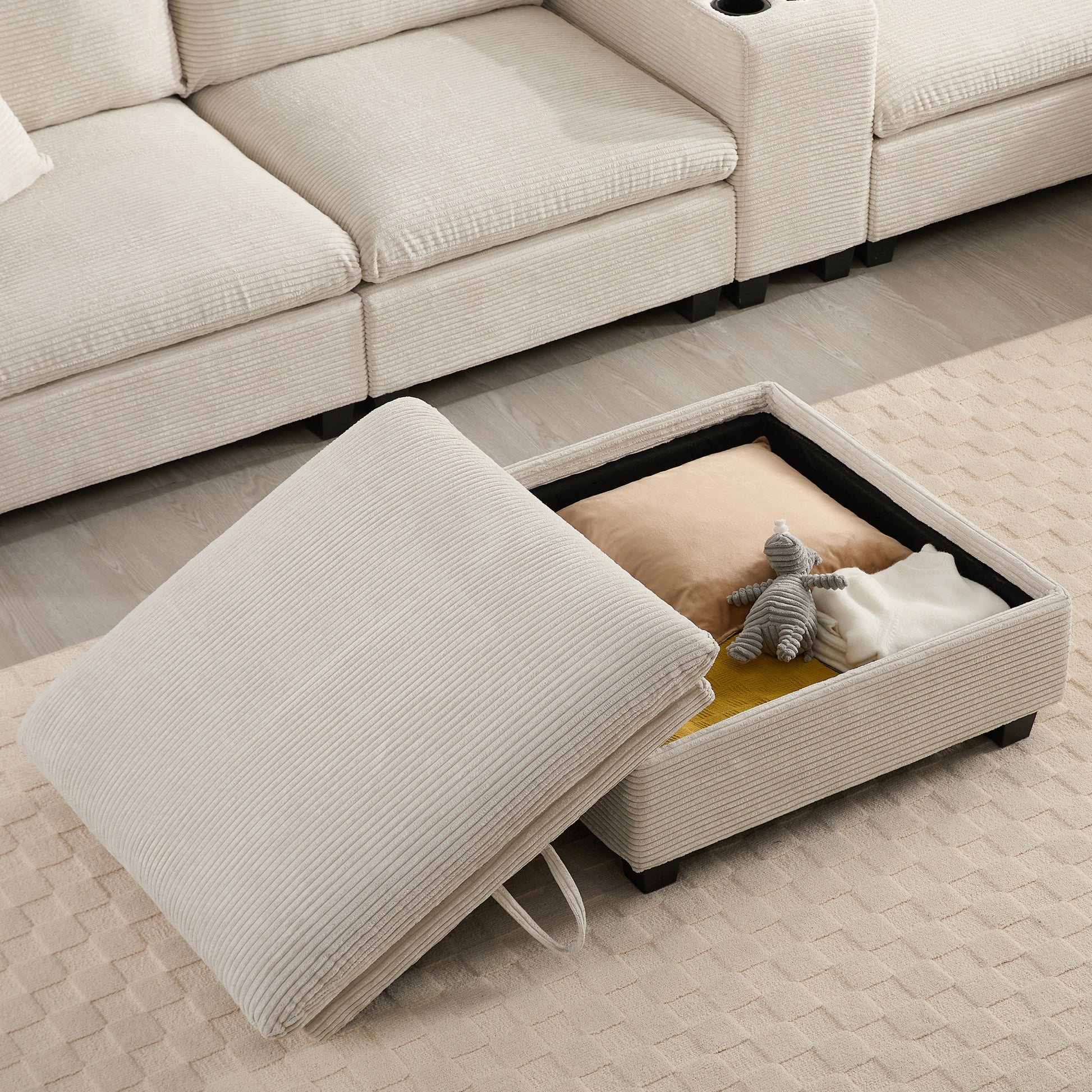 variant-group:rf-n723s1166a|Roomfitters 139 Inch U-Shaped Modular Sectional Sofa with Storage Console, Cup Holders and USB Ports for Living Room, Beige