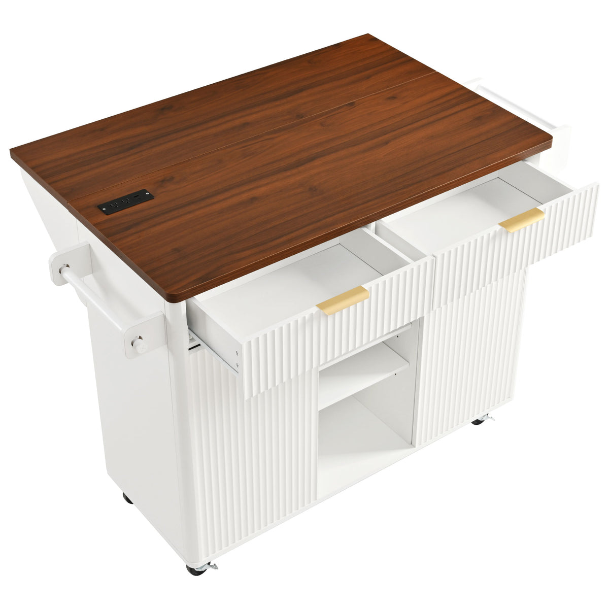 variant-group:rf-n707s000019w|Roomfitters 52" Fluted Kitchen Island with Drop Leaf, Power Outlet & Walnut Wood-Grain Top, White