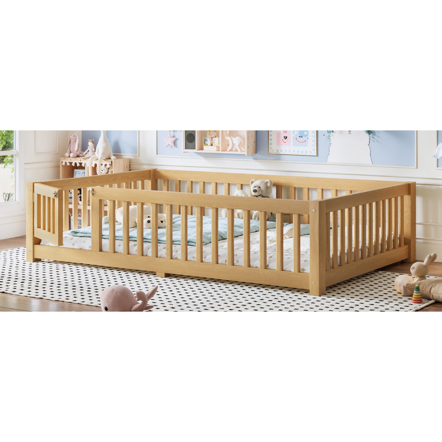 variant-group:rf-w1580p462323|Roomfitters Full Size Wooden Floor Bed Frame with Safety Guardrails Door, Solid Wood Low Profile Toddler Play Bed, Natural