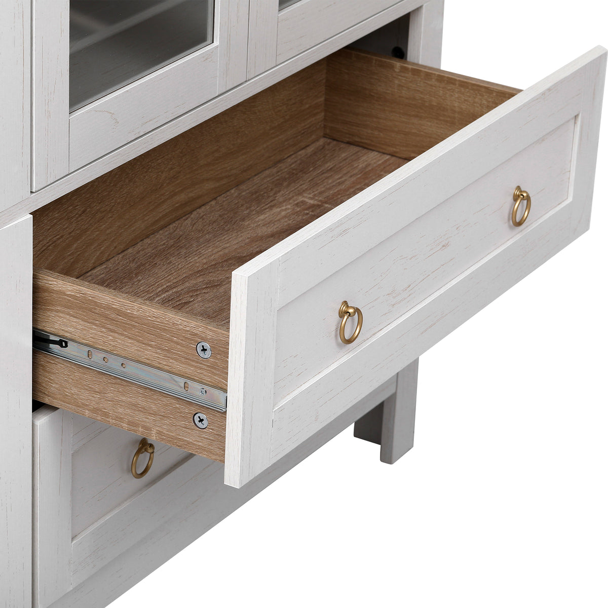 variant-group:rf-n707p288972w|Roomfitters 71" Pantry Cabinet with Arched Top and Glass Doors, 2 Storage Drawers and Adjustable Shelves for Kitchen, White