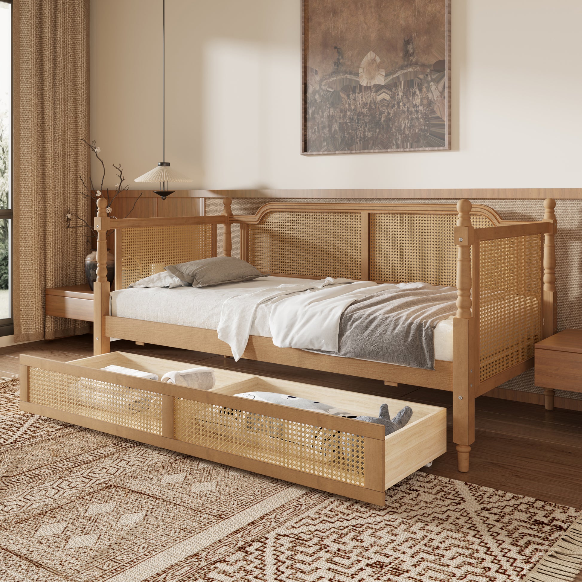 variant-group:rf-n701bs701p415472d|Roomfitters Twin Size Traditional Rattan Daybed Frame with 2 Storage Drawers, French Country Wood Bed, No Box Spring, Walnut