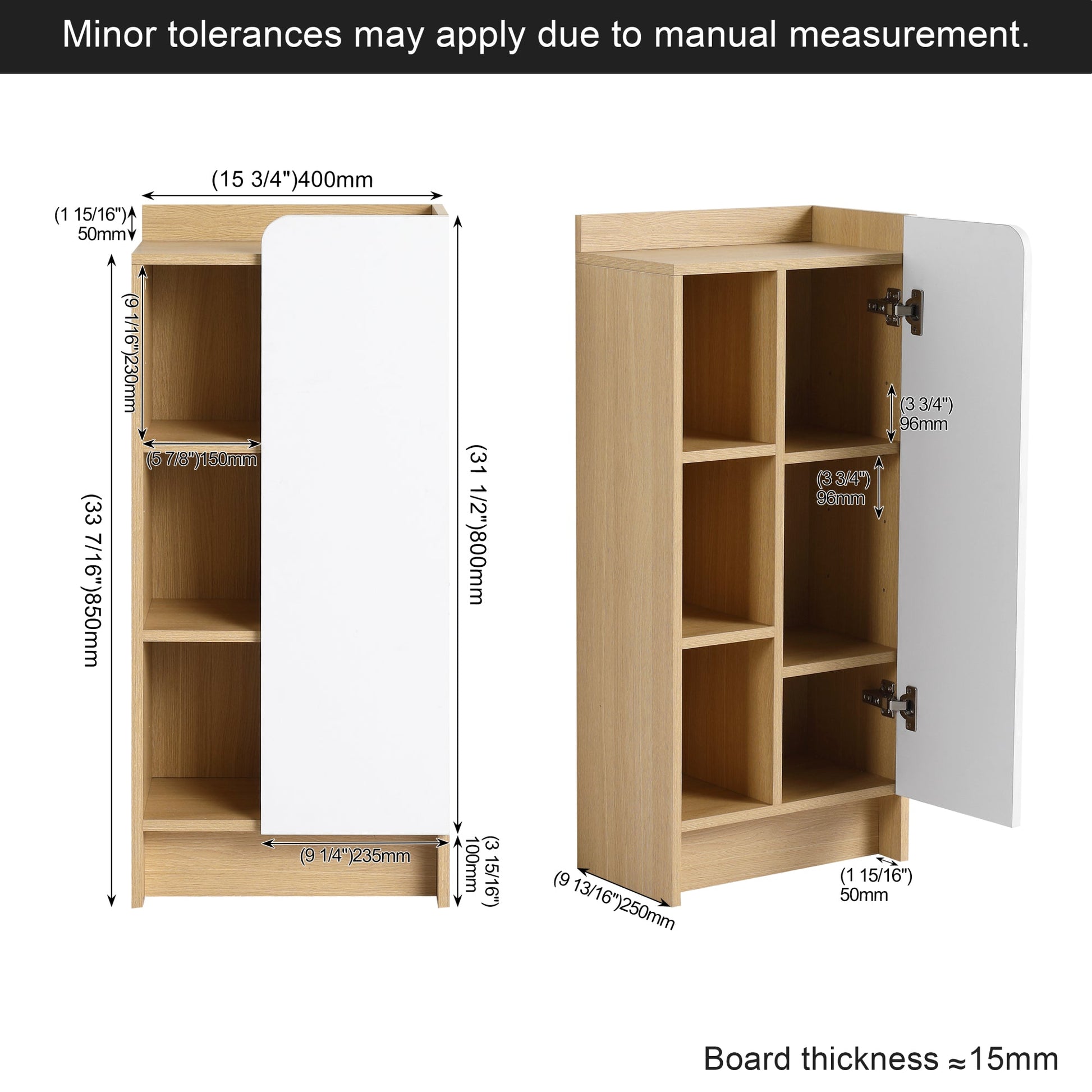 16" Medium Light Oak Freestanding Bathroom Side Cabinet, Narrow Storage Cabinet with Single Door & 3-Tier Open Shelves, KD (Ready-to-Assemble), Dual-Color Door Panels (White & Black), Plywood Construc Roomfitters