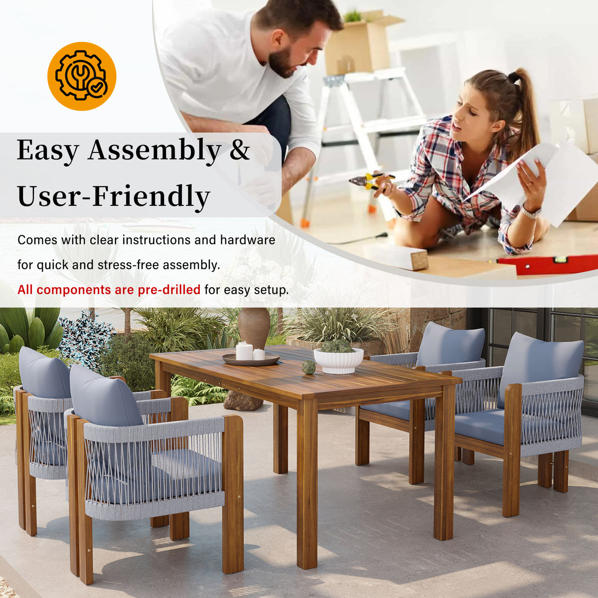 variant-group:rf-n711wy000496aae|Roomfitters 5-Piece Rope Woven Outdoor Dining Set, Farmhouse Solid Acacia Table, 4 Chairs Pack, Brown and Grey