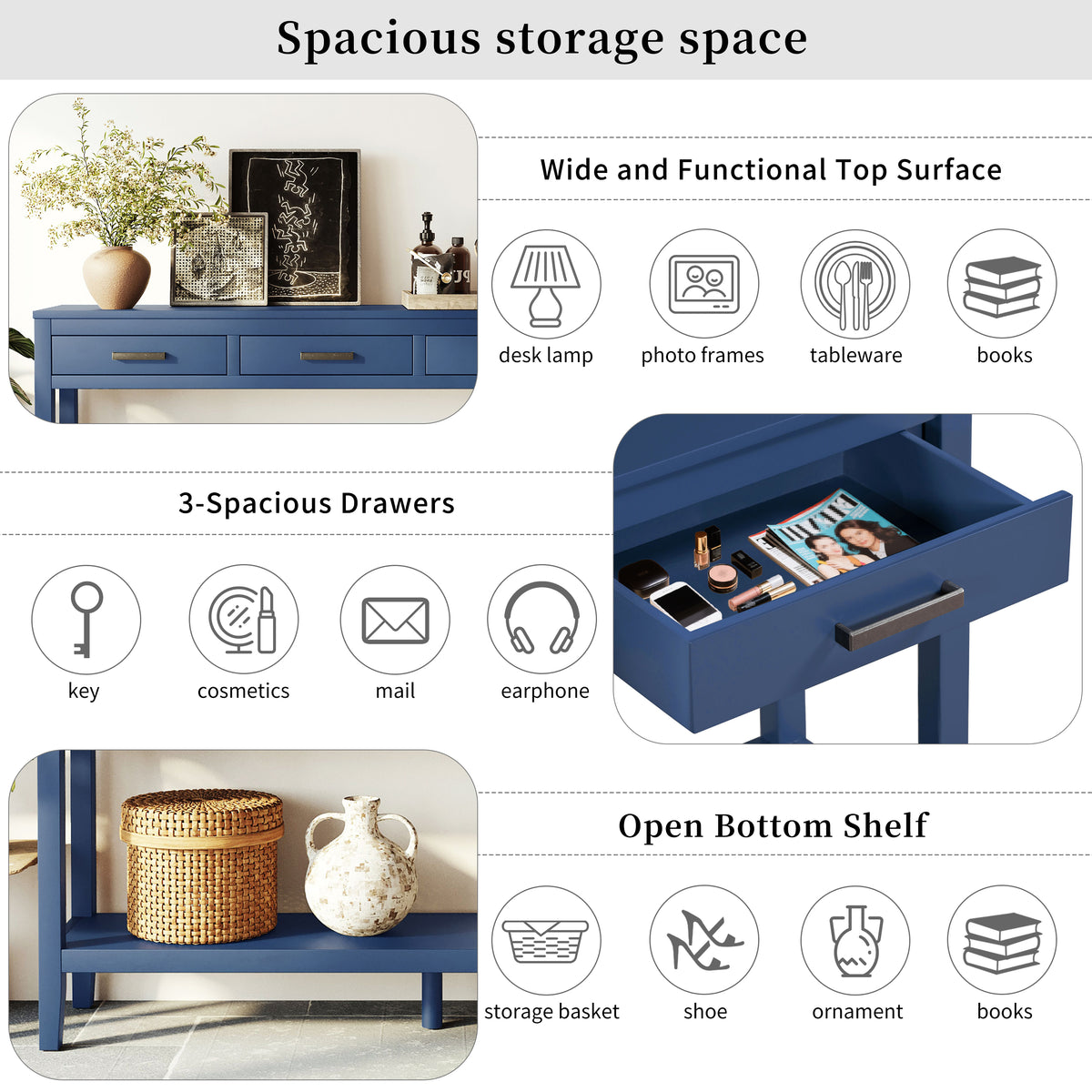 variant-group:rf-n711p410445v|Roomfitters 59.1" Farmhouse Entryway Table with 3 Drawers, Slim Console Sofa Table with Open Shelf for Hallway, Navy Blue