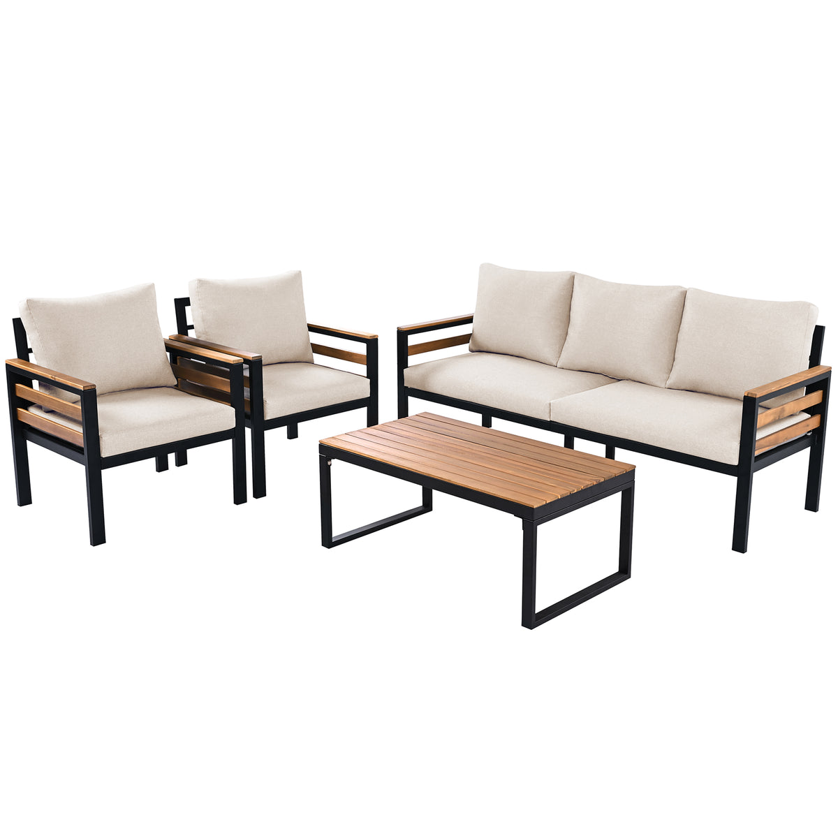 variant-group:rf-n704f201246a|Roomfitters 4-Piece Outdoor Patio Furniture Set with 3-Seater Sofa, 2 Armchairs and Coffee Table, Wood Accents, Beige