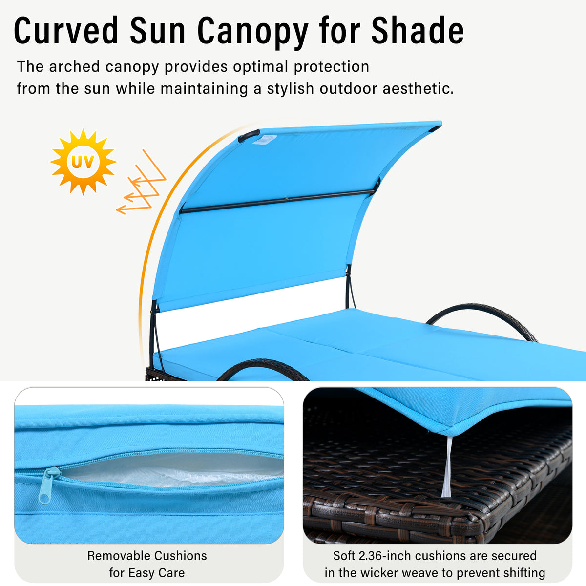 variant-group:rf-n711wy000485aac|Roomfitters Blue HDPE Wicker Outdoor Double Sunbed, Steel Frame Patio Chaise, Hidden Side Tables, Canopy Shade