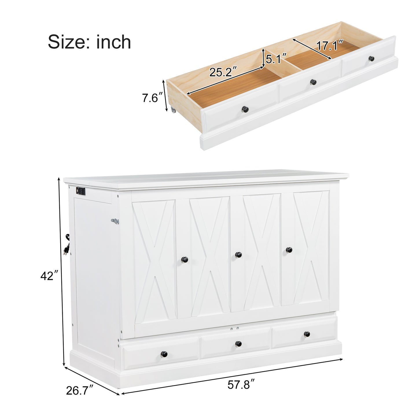 variant-group:rf-n701bs701p170501k|Roomfitters Full Size Murphy Bed Cabinet with Charging Station and Storage Drawer, Freestanding Fold Out Guest Bed, White