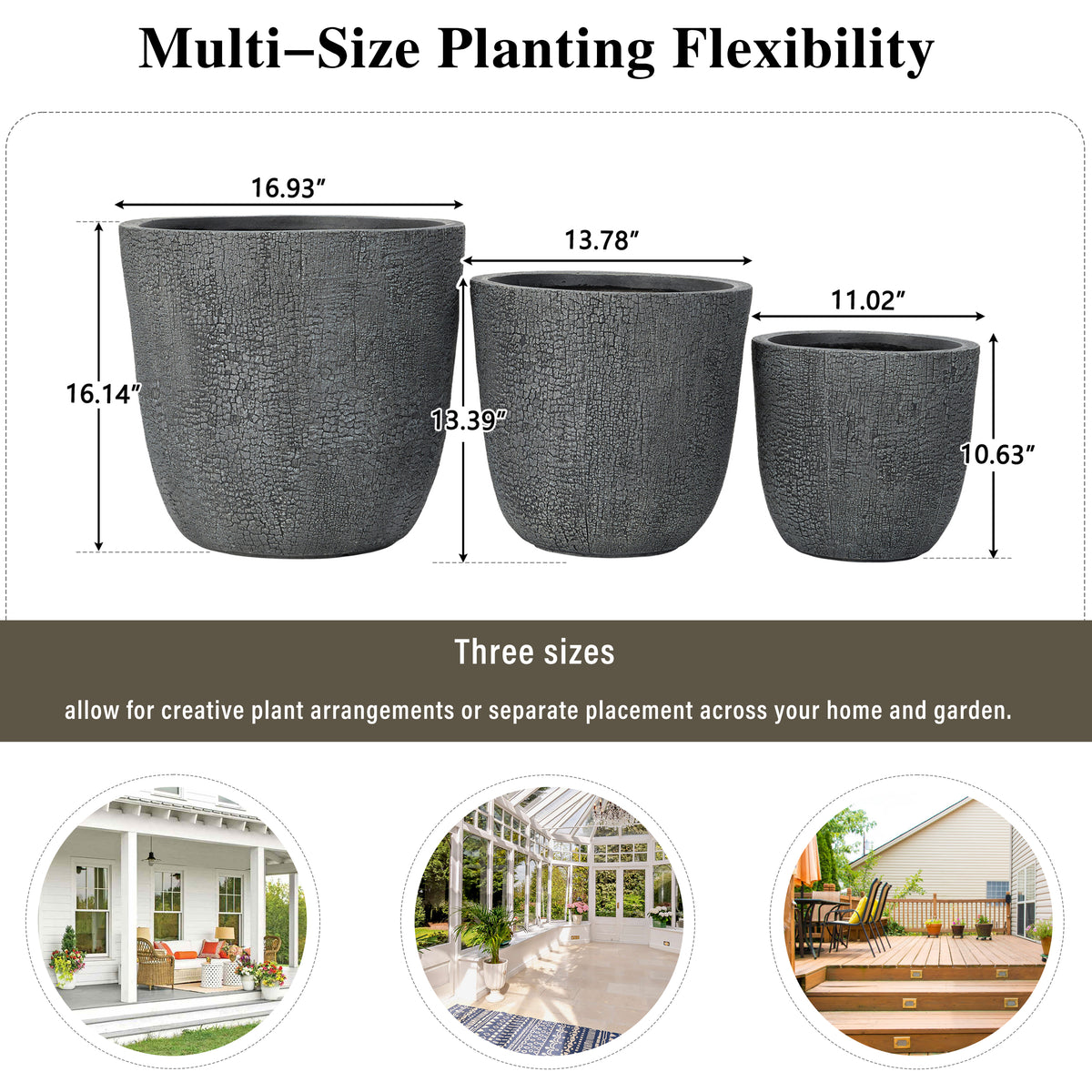 variant-group:rf-n711p406660e|Roomfitters Lightweight MGO Planter Set of 3, Round Weather Resistant Outdoor Indoor Flower Pots for Garden Patio, Gray