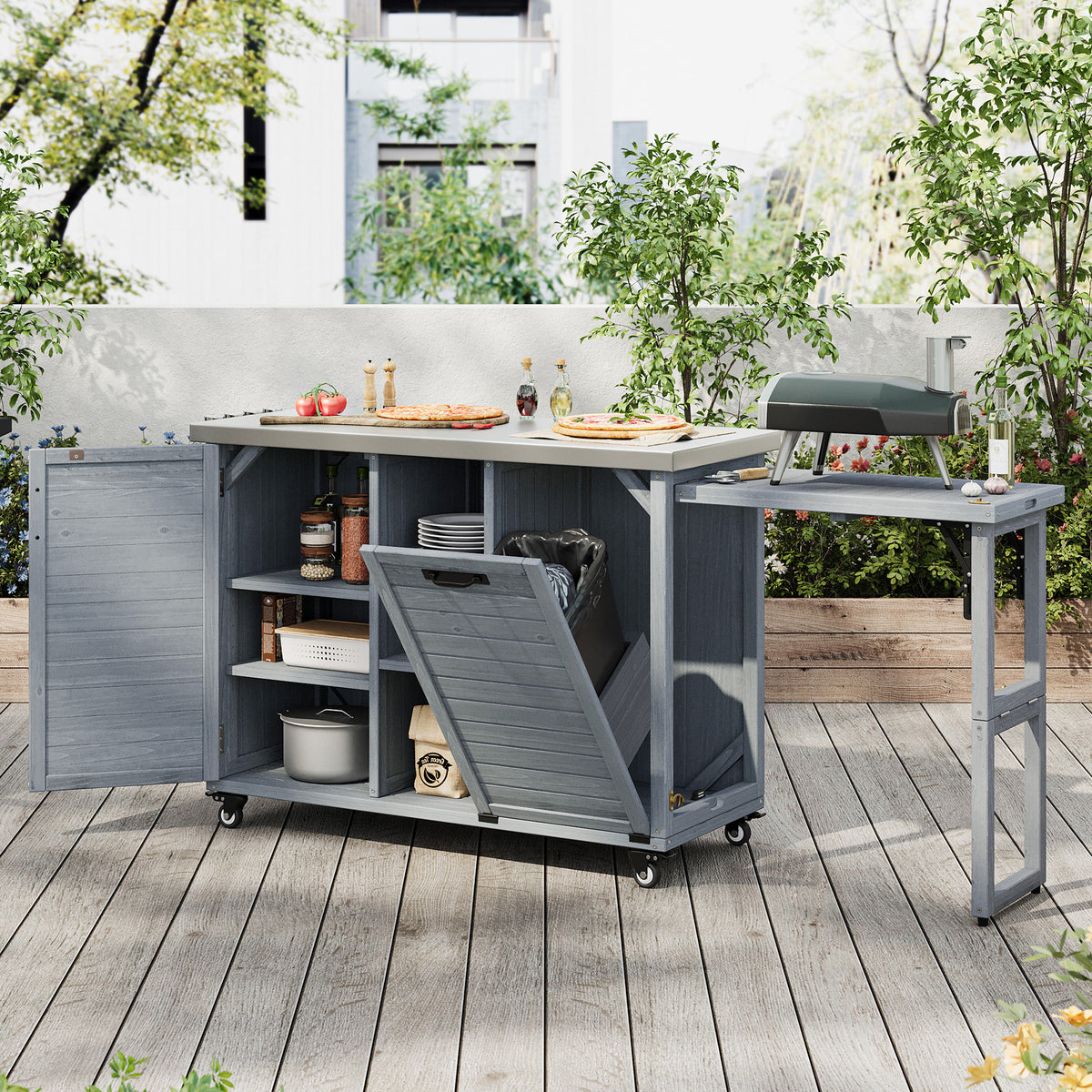 variant-group:rf-n707p370276g|Roomfitters 78.3" Outdoor Kitchen Island with Foldable Grill Table, Stainless Steel Top & Tilt Trash Can Storage, Grey Blue