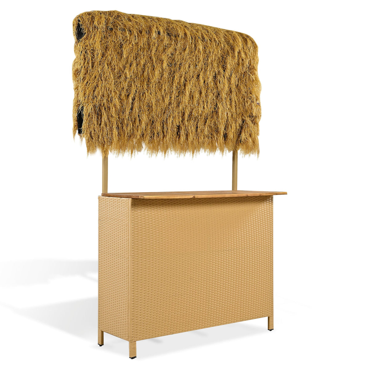 Roomfitters Bar Height Patio Set with PE Grass Canopy, Outdoor Bar Table and Stools, Hawaiian-style Acacia Wood Top, Natural Roomfitters